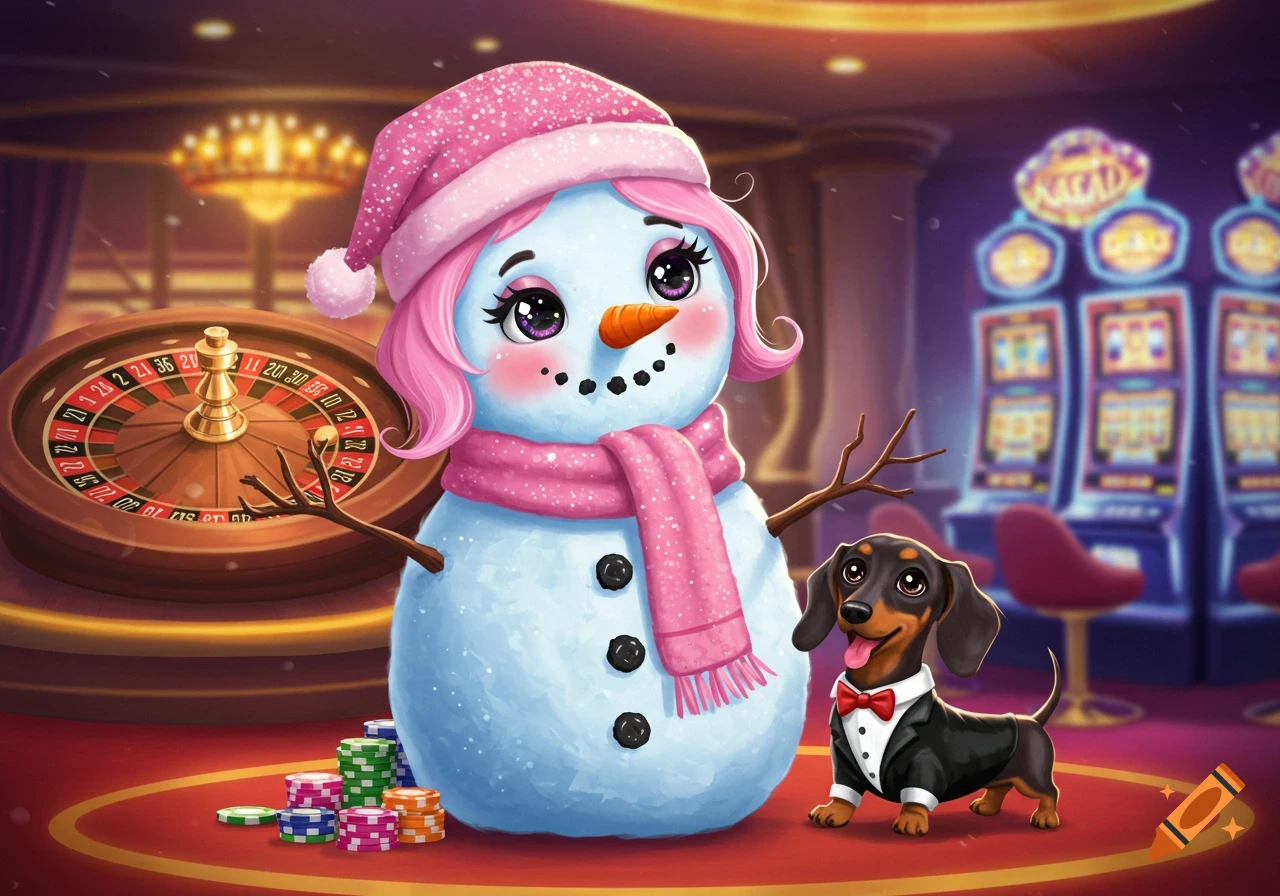 A cute snowman and a dog in a tuxedo stand next to a roulette wheel and slot machines in a casino.