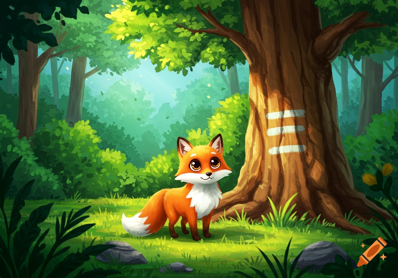 A cute cartoon fox stands in a sunlit forest next to a tree with white markings, illustration style.
