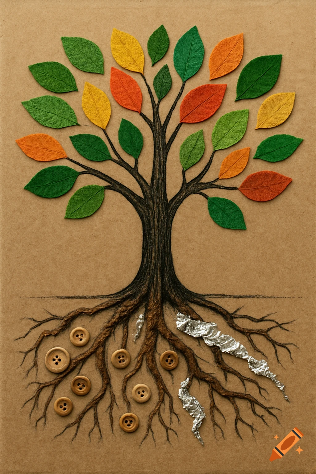 Craft image of a tree with roots, colorful leaves, buttons, and foil on brown paper.