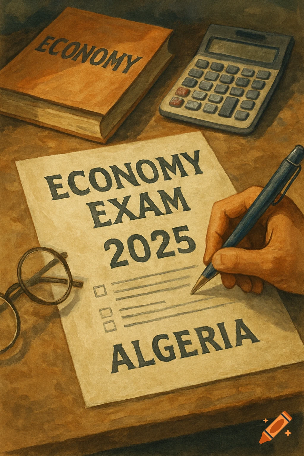 A hand writes on an Economy Exam paper with a book, calculator, and glasses on a desk, in a painting style.