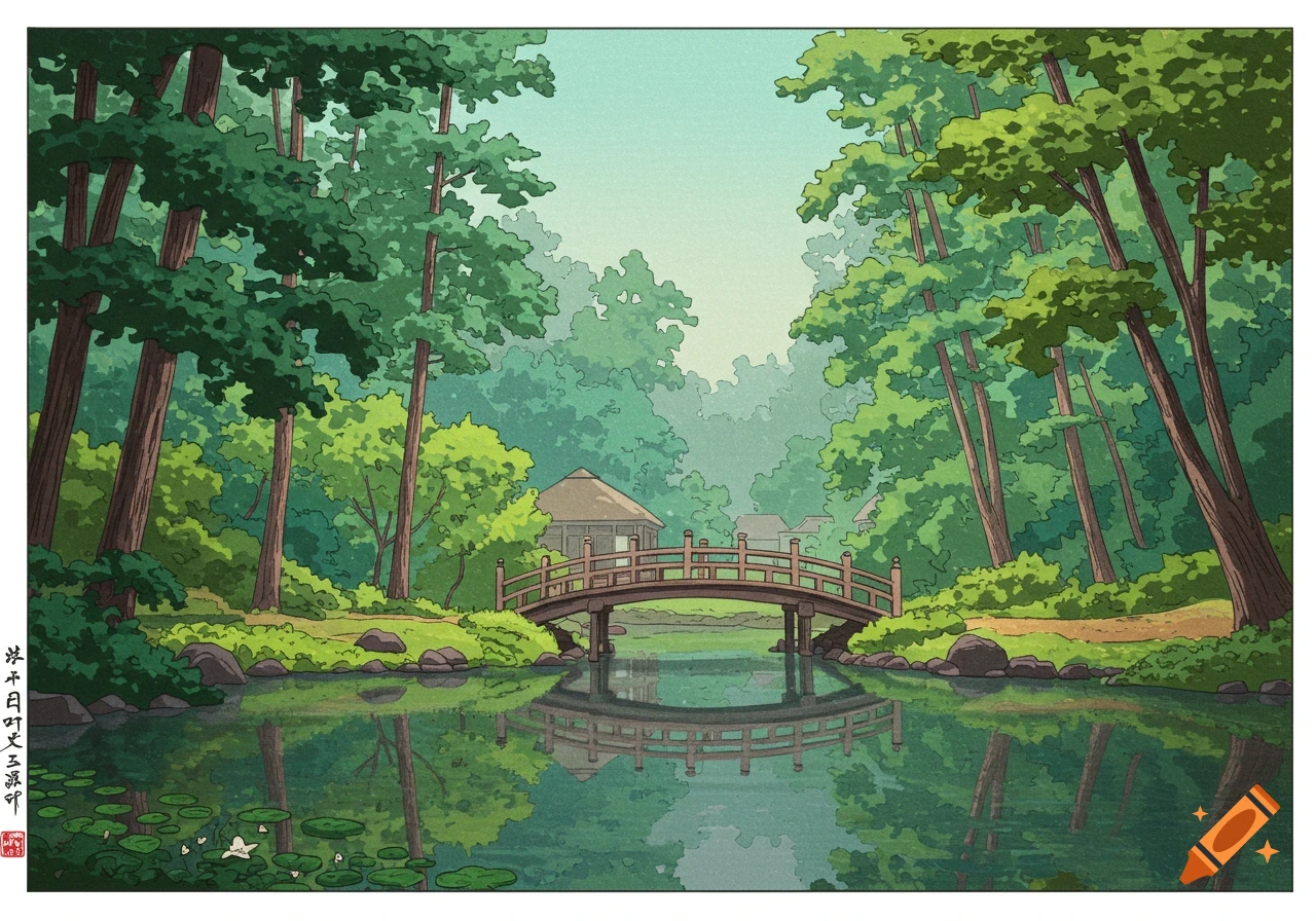 Forest landscape with a bridge over water and a building in the background, in a woodblock print style.