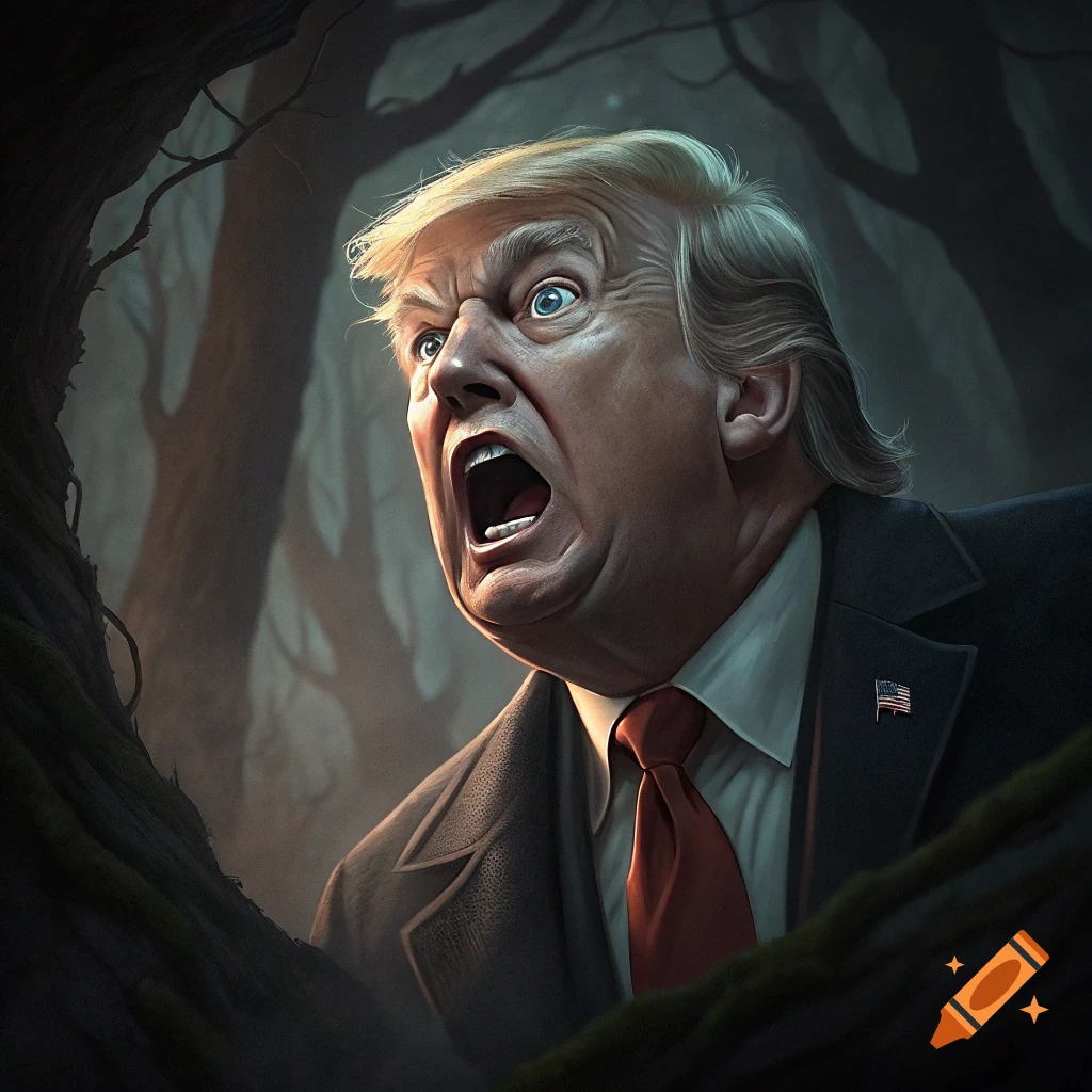 Donald Trump shouting with a scared expression in a dark, spooky forest.