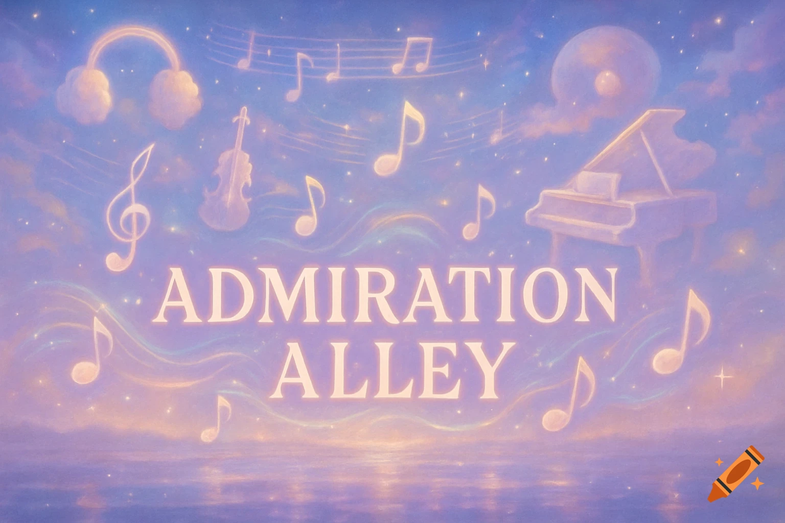 Dreamy pastel sky with text "ADMIRATION ALLEY" surrounded by floating musical notes, instruments, and celestial elements.