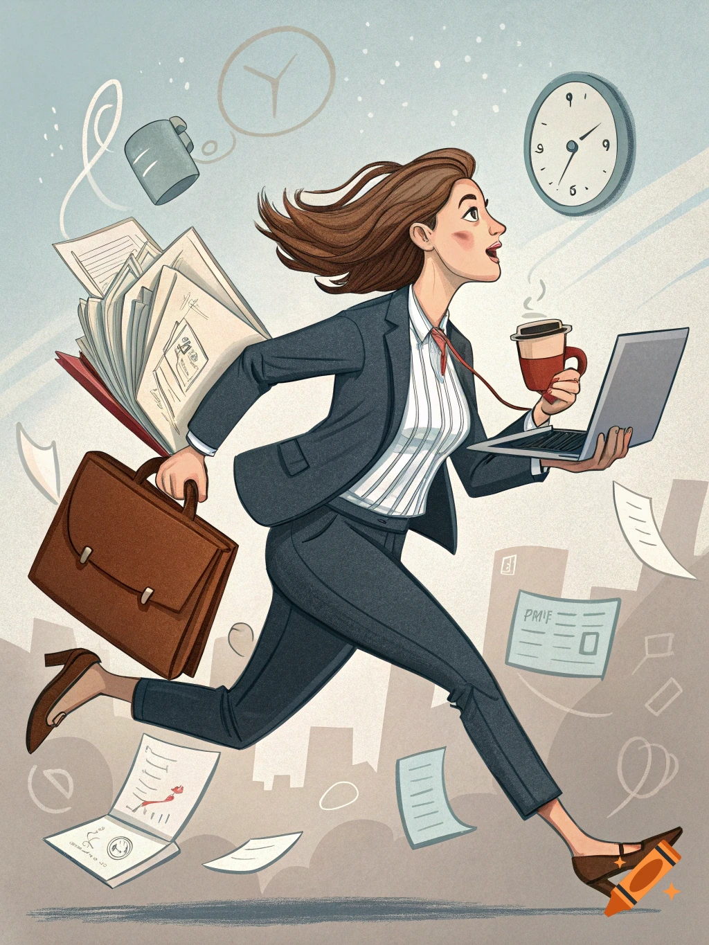 Illustration of a busy woman in a suit running with a briefcase, papers, laptop, and coffee cup.