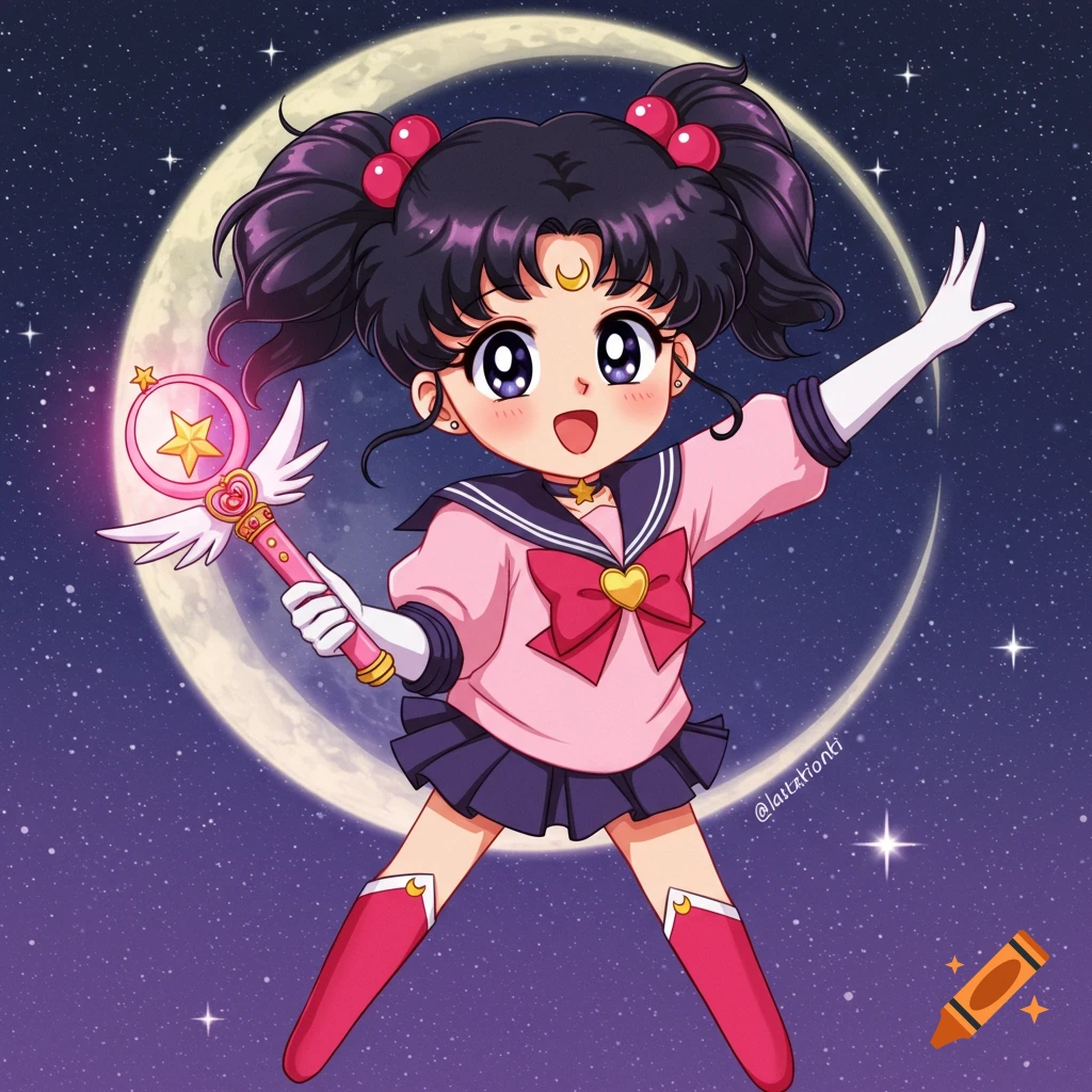 Anime girl in pink sailor suit holding a magic wand before a moon and stars background.