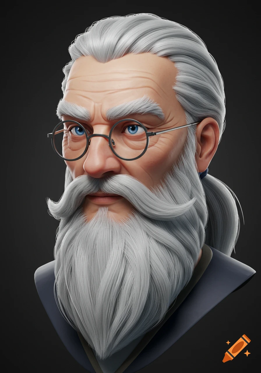 Stylized 3D portrait of an older man with grey beard, glasses, and ponytail