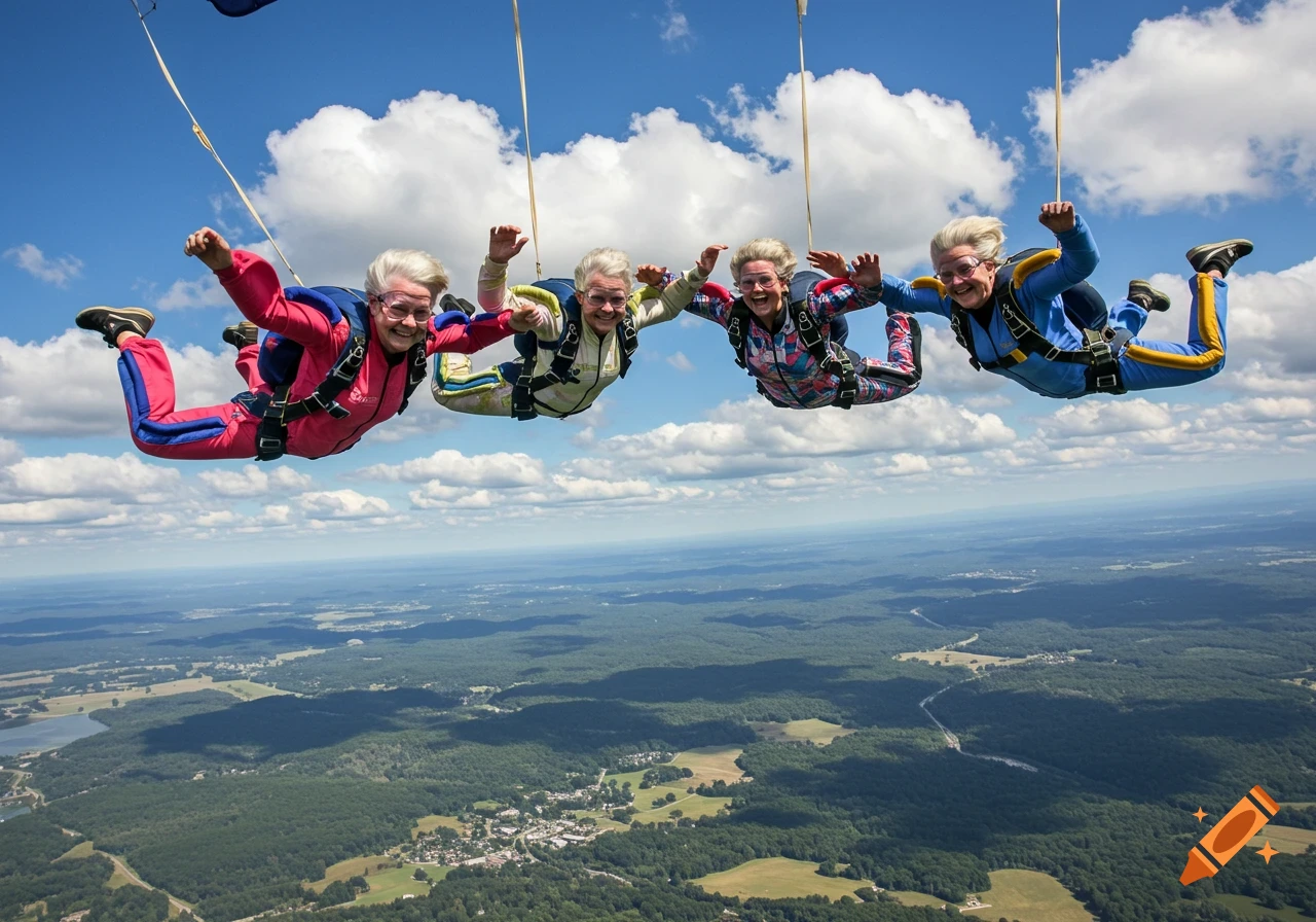 Four elderly women linked together skydiving high above a landscape of green hills.