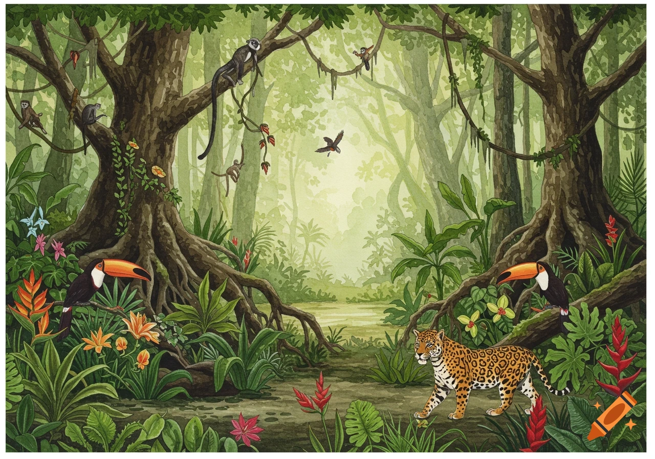 Watercolor illustration of a lush rainforest with monkeys, toucans, a jaguar, and tropical plants.