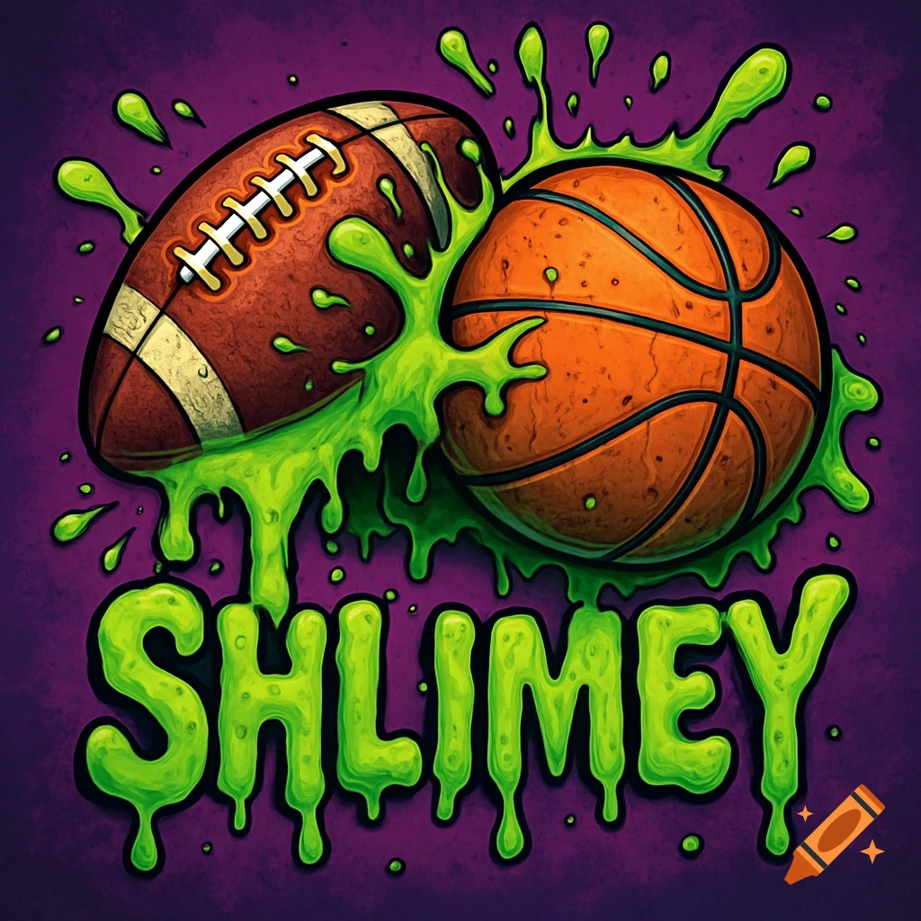 Illustration of a football and a basketball covered in green slime with the word SHLIMEY below