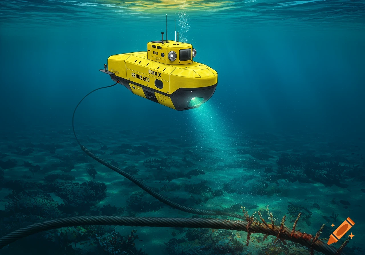 A yellow submarine surveys a sea cable underwater.