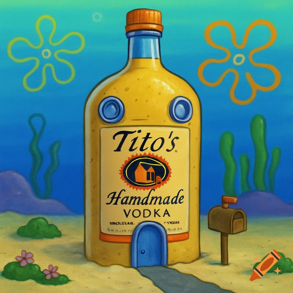 A giant Tito's vodka bottle modified into a house on the ocean floor, like Spongebob's home.