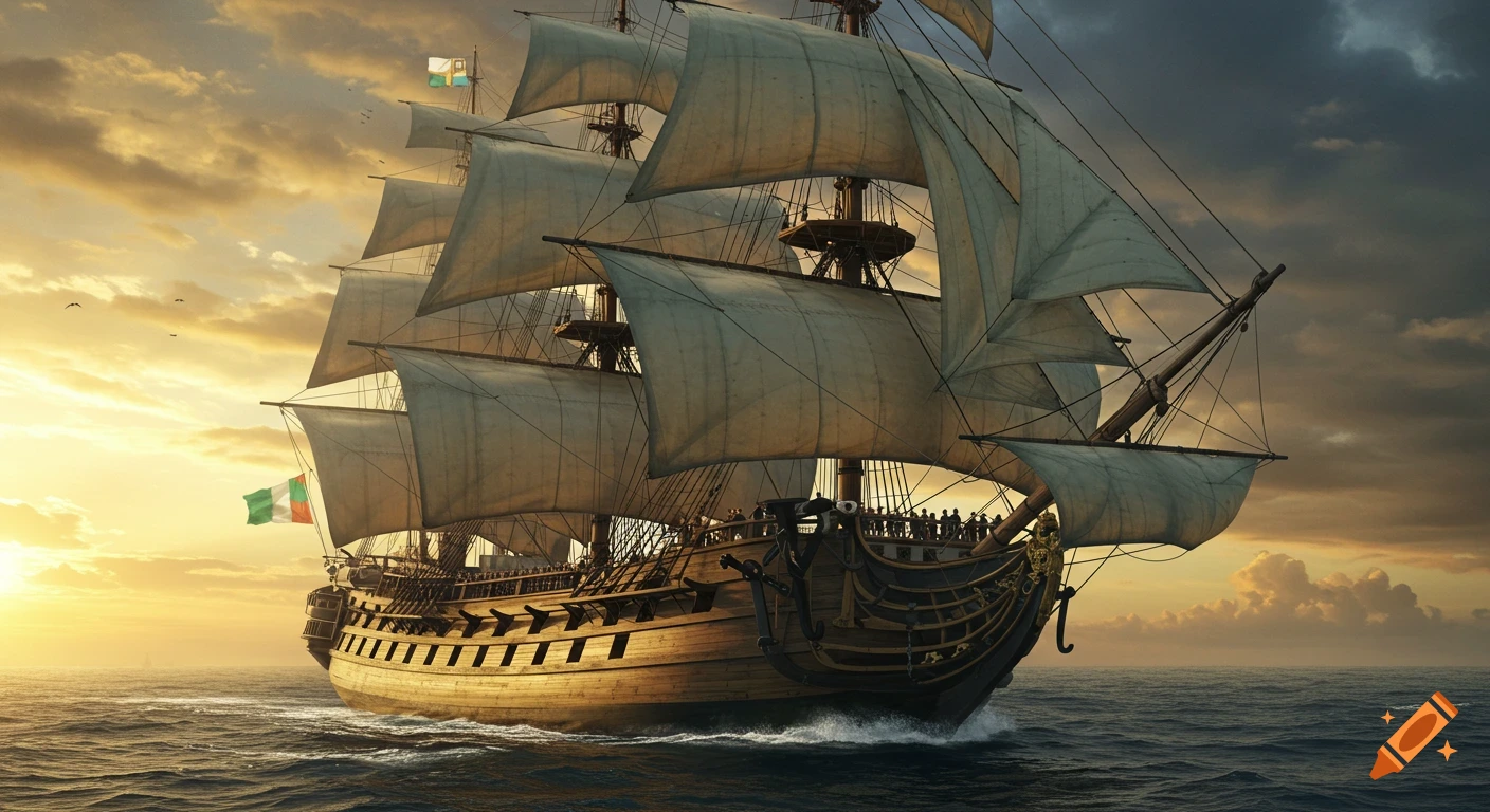 A large wooden sailing ship with many sails crosses the ocean during a dramatic sunset, in a detailed painting style.