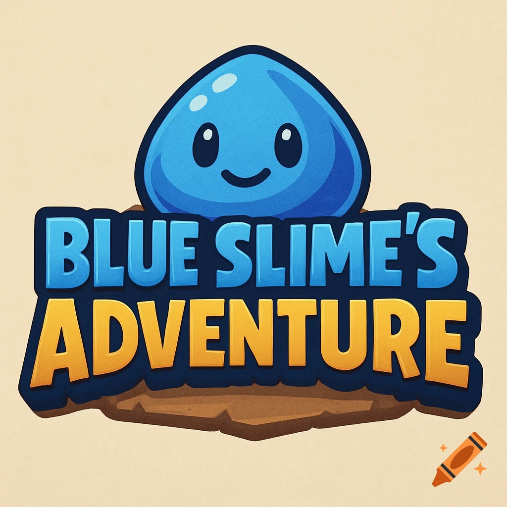 Logo for Blue Slime's Adventure with blue slime character above stylized text on a rocky base.