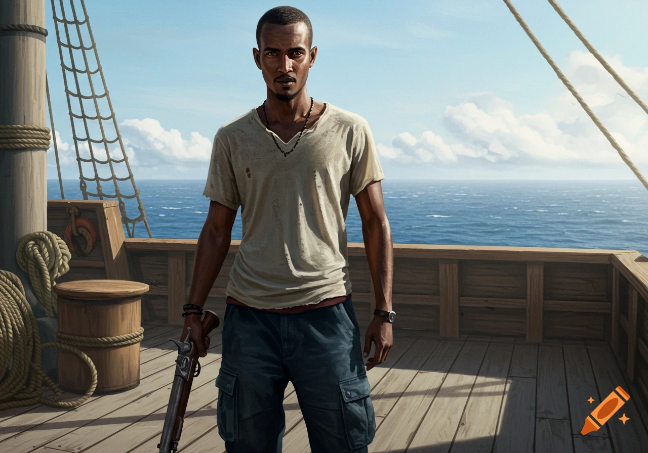 A man holding a rifle stands on a ship deck with the ocean and sky behind him. Realistic illustration.