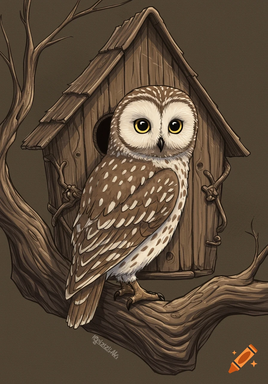 An illustration of an owl perched on a tree branch next to a wooden birdhouse.