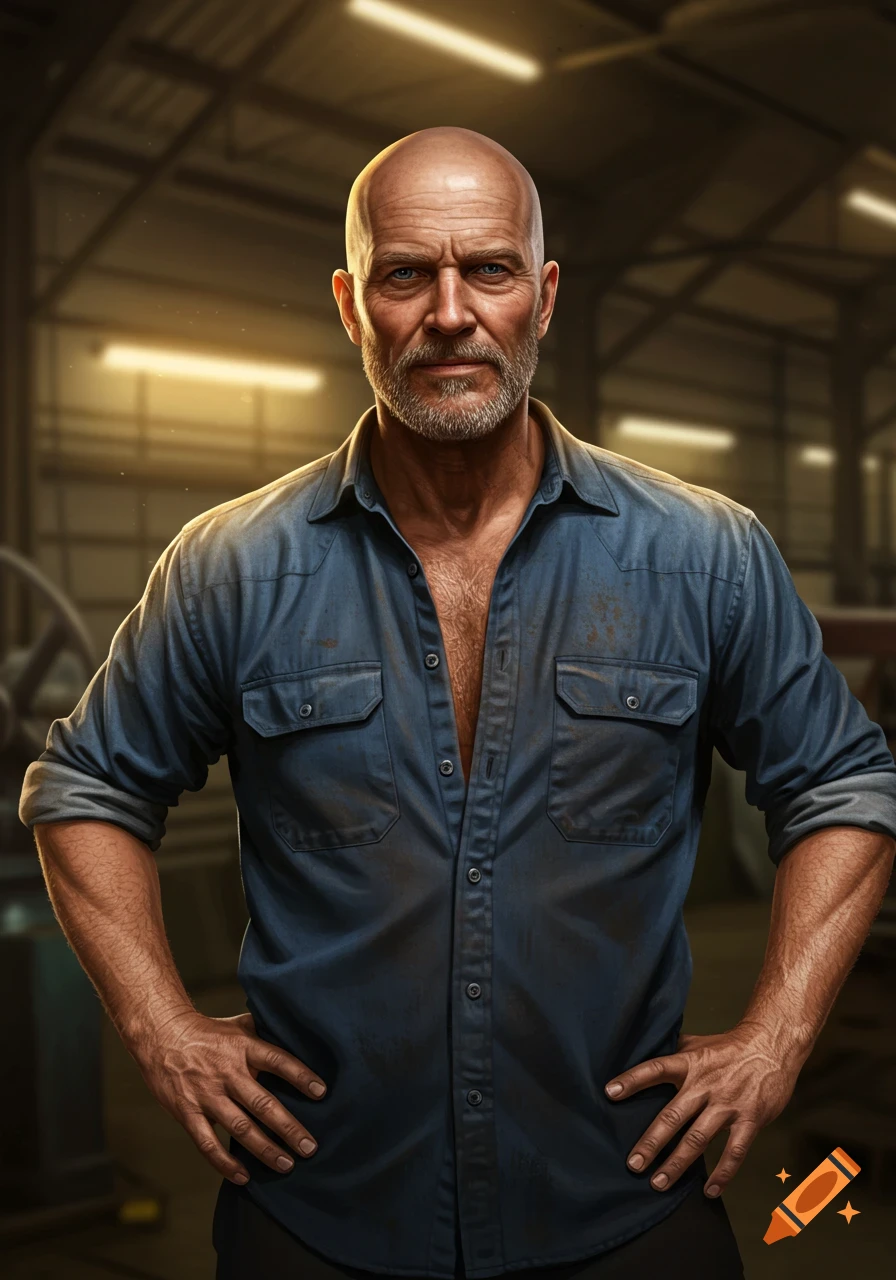 Portrait of a rugged bald man in a blue shirt standing in a workshop.