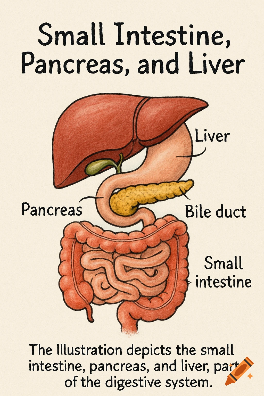 Illustration diagram of the small intestine, pancreas, and liver with labels.