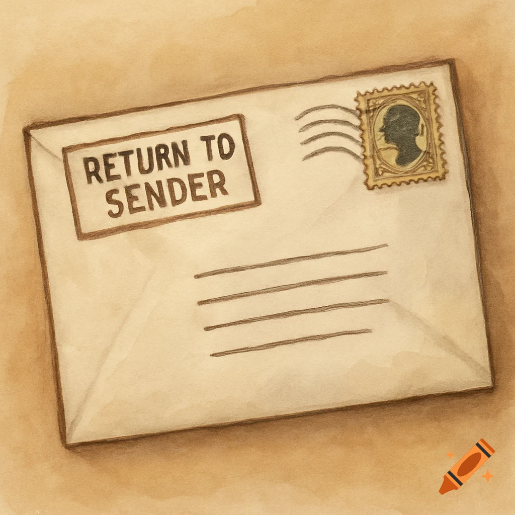 A watercolor illustration of an envelope with 'RETURN TO SENDER' printed on it, featuring a postage stamp.