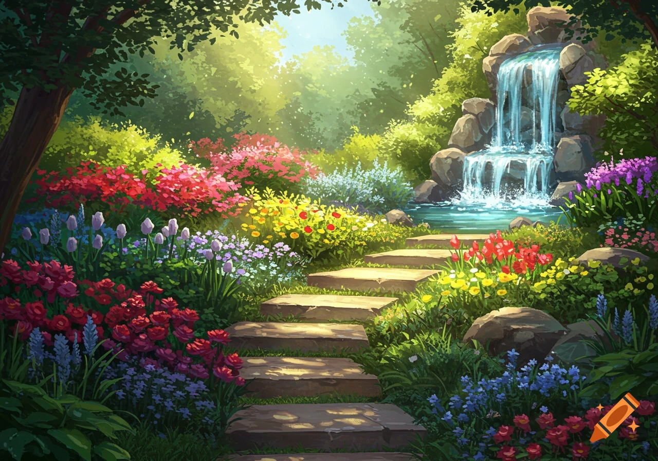 Stepping stones path through a lush, colorful flower garden leading to a waterfall, illustrative style.