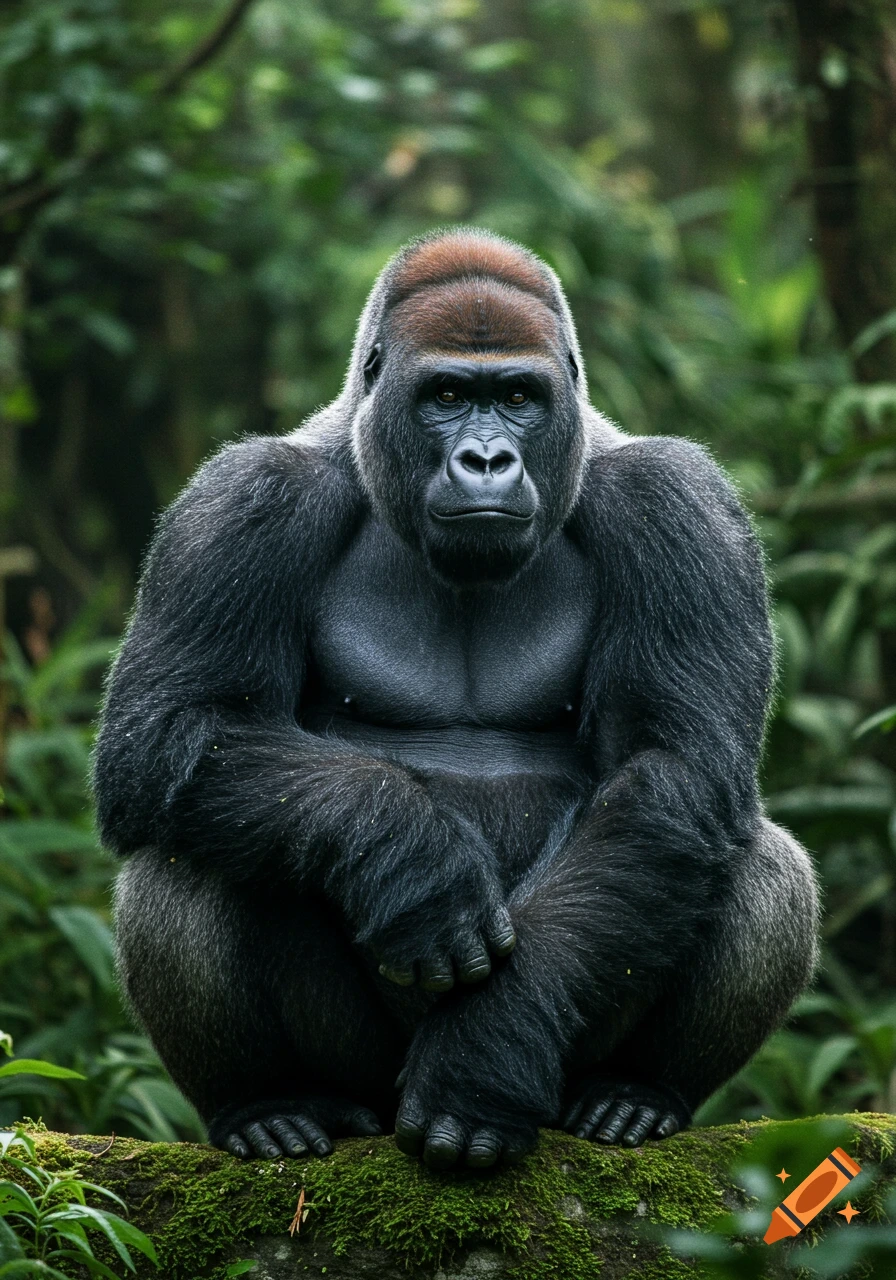 A large gorilla sits on a mossy log in a lush forest.