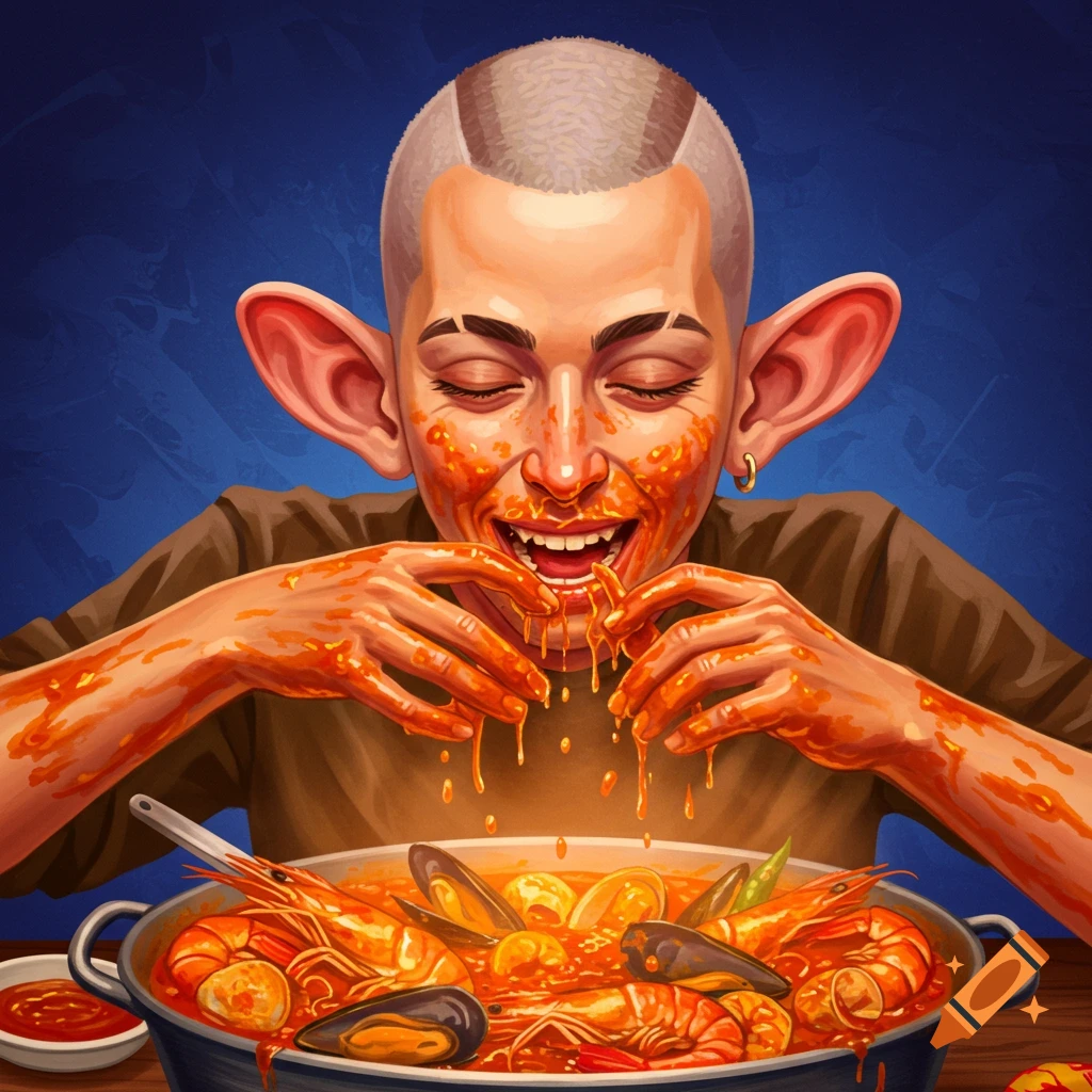 Stylized illustration of a person with big ears and a buzz cut messily eating a seafood boil.