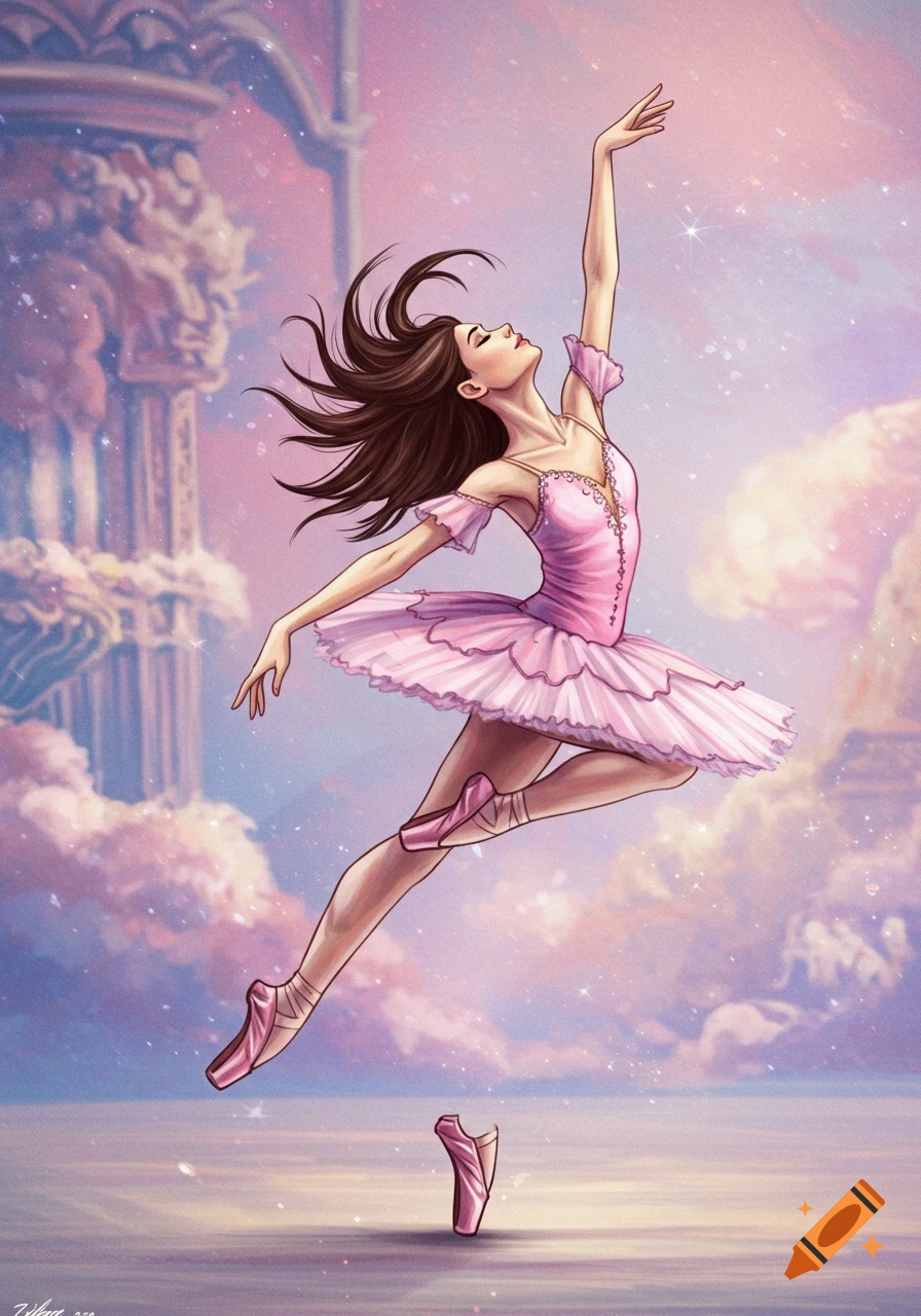Illustration of a ballerina dancing in a pink tutu against a pastel sky ...