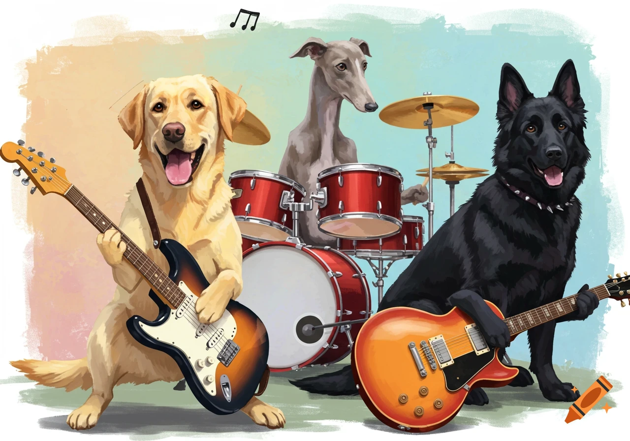 Painterly illustration of three dogs playing music: a lab on guitar, a greyhound on drums, and a German Shepherd on guitar.