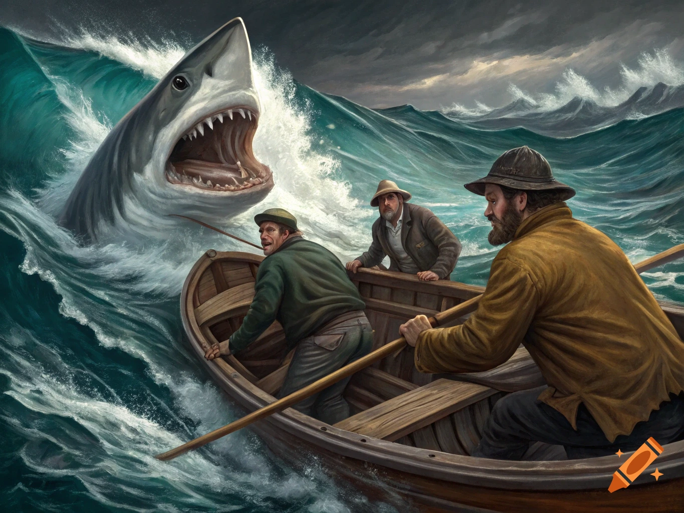 Painting of three fishermen in a boat threatened by a large shark in a stormy ocean.