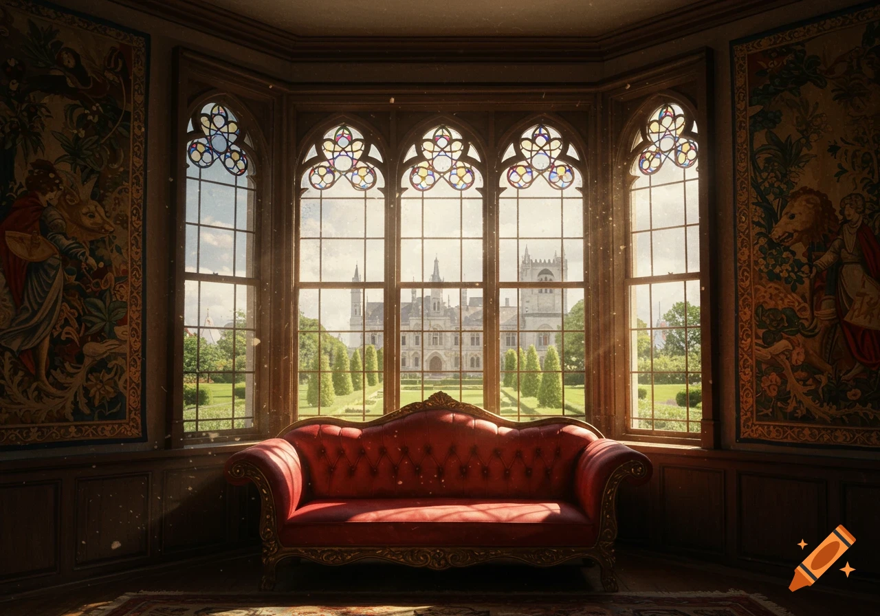 A red sofa sits in a bay window overlooking a castle and gardens, in a grand room with tapestries.