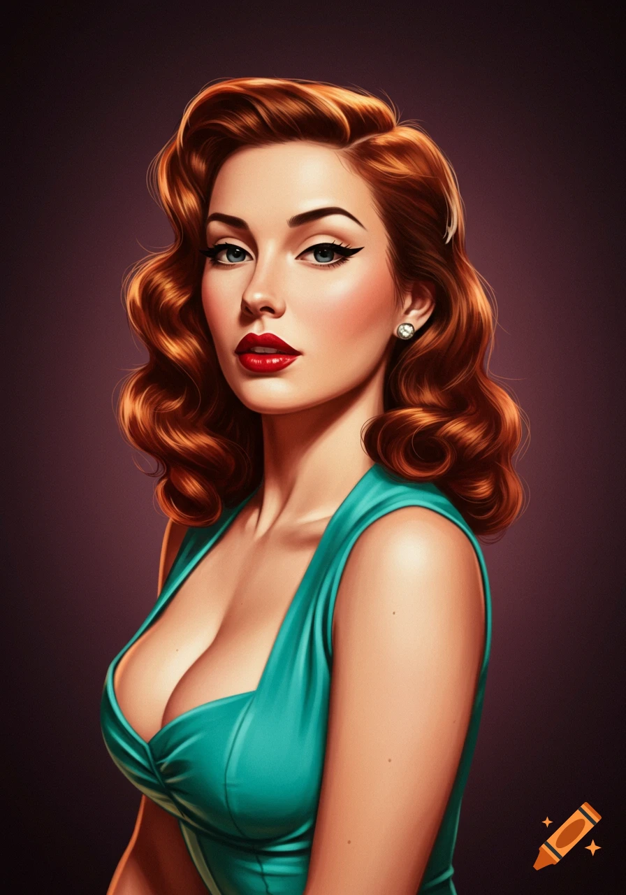 A pin-up style portrait of a woman with wavy red hair and dramatic makeup wearing a green dress.