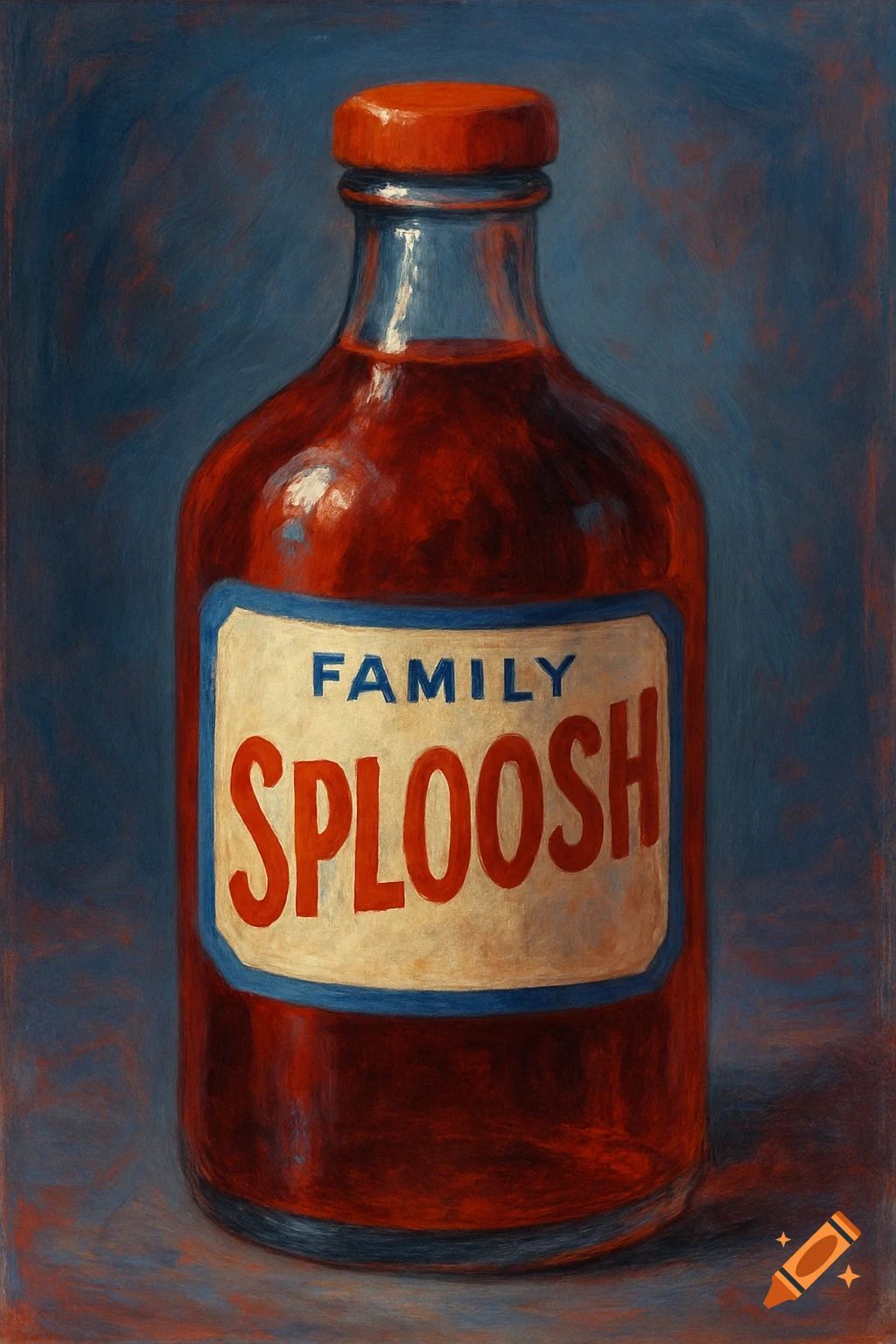 A painterly still life of a bottle with a label that says "FAMILY SPLOOSH".