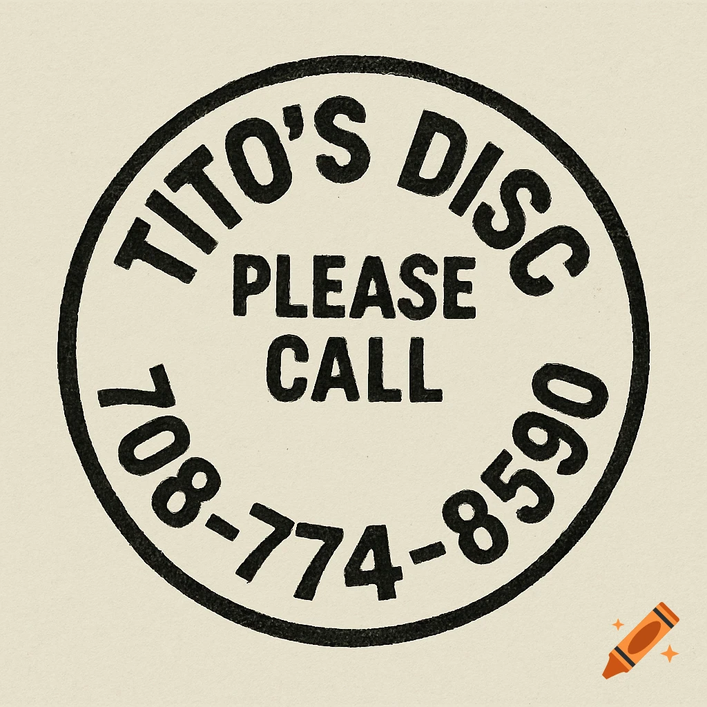 Monotone circular stamp design with text 'Tito's Disc', 'Please Call', and phone number.