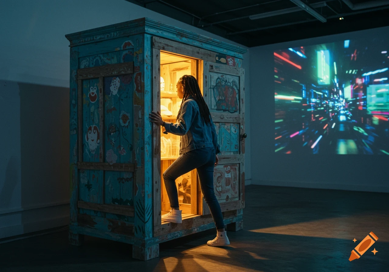 A person steps into a large painted cabinet displaying a colorful abstract projection inside and on the wall.