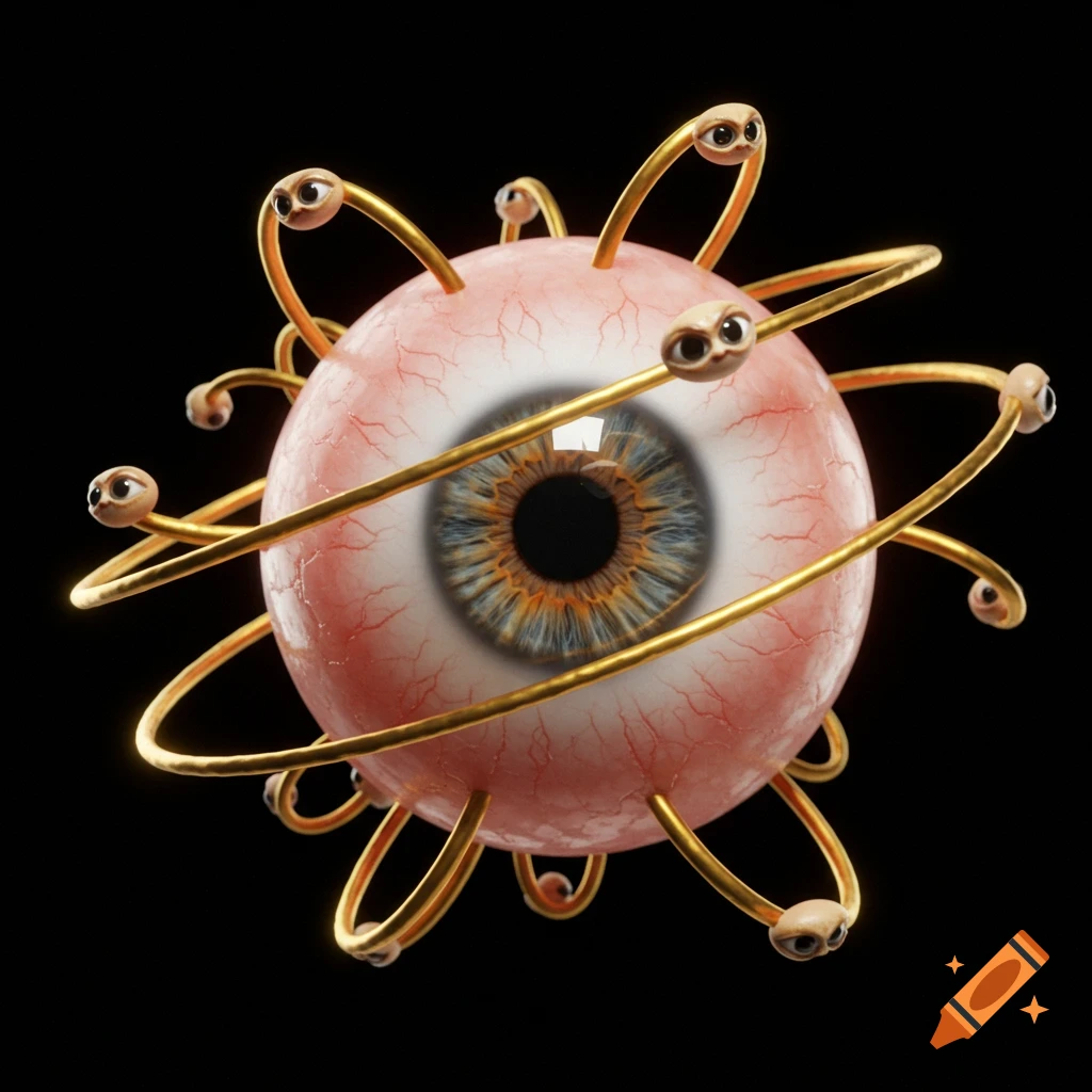 A large eyeball with small eyes on orbiting golden rings.