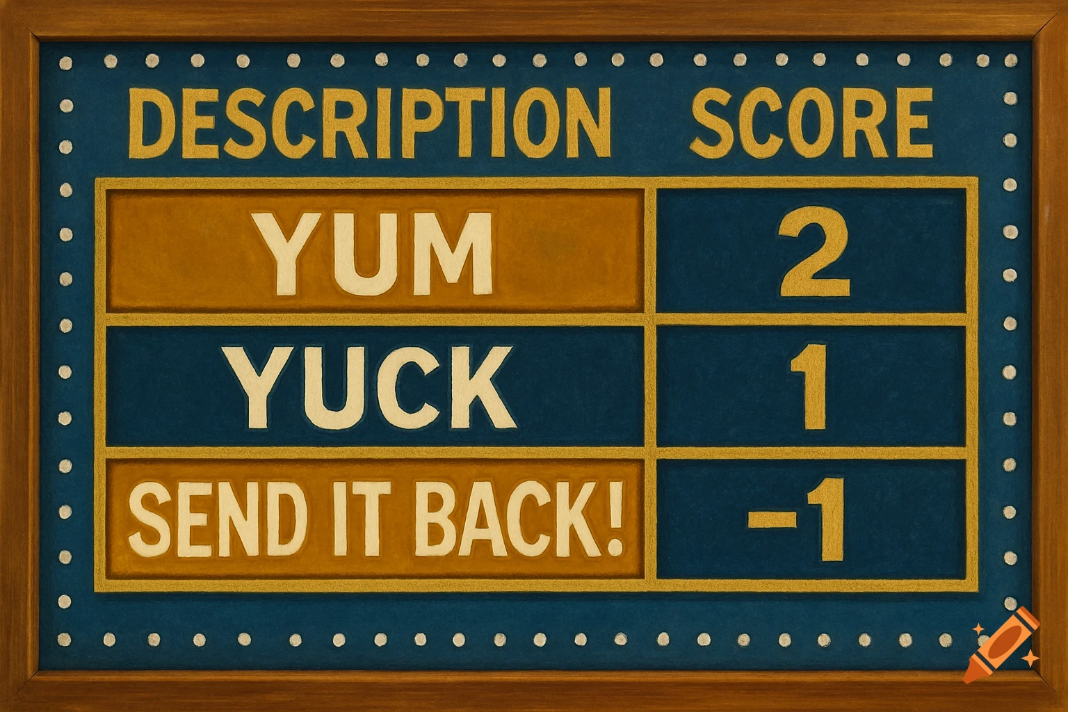 A game-style scoreboard showing DESCRIPTION SCORE. Rows are YUM (2), YUCK (1), and SEND IT BACK! (-1).