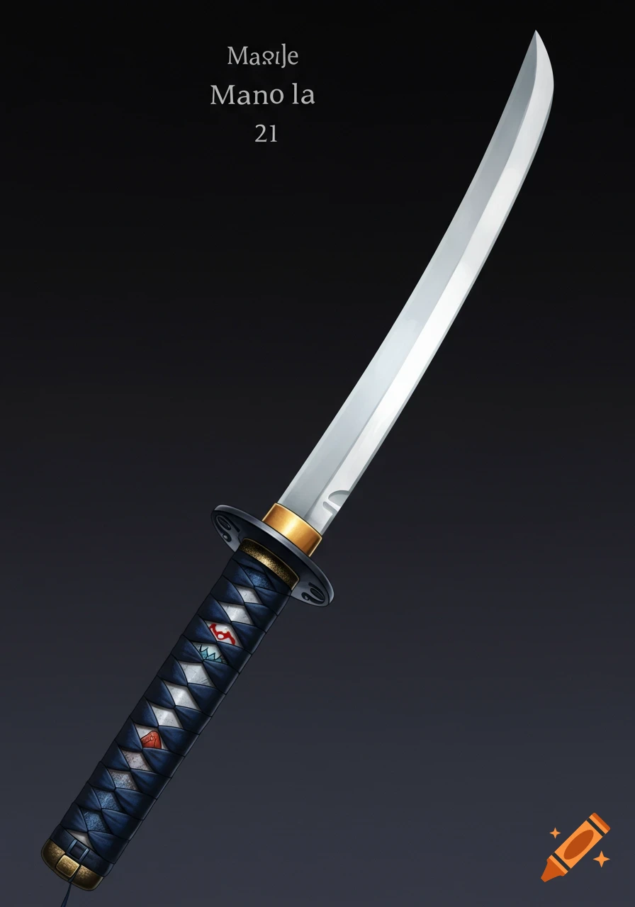 A samurai sword with a black and blue handle