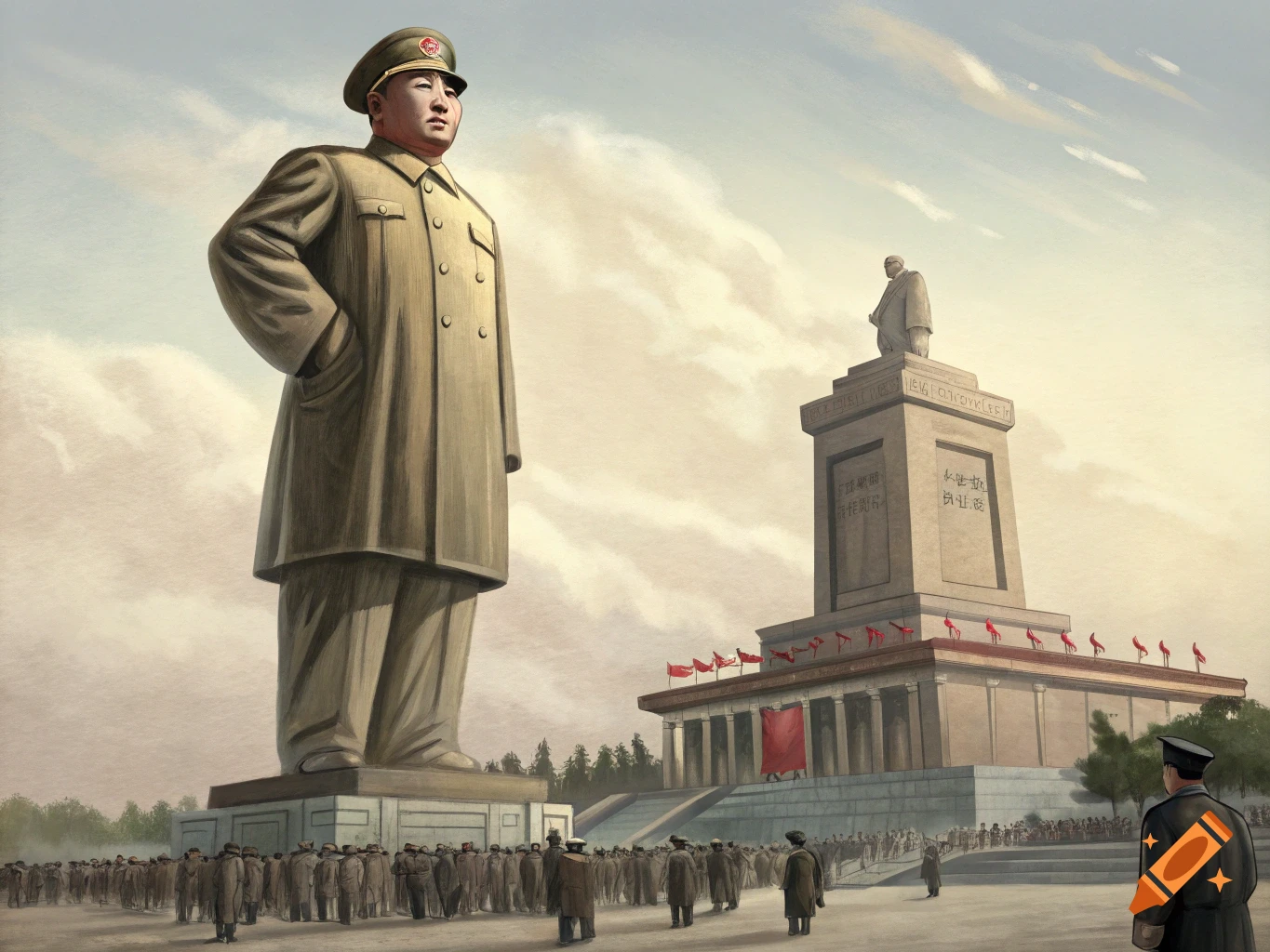 A giant statue of Mao Zedong stands over a crowd in a plaza with a smaller statue in the background. Painterly style.