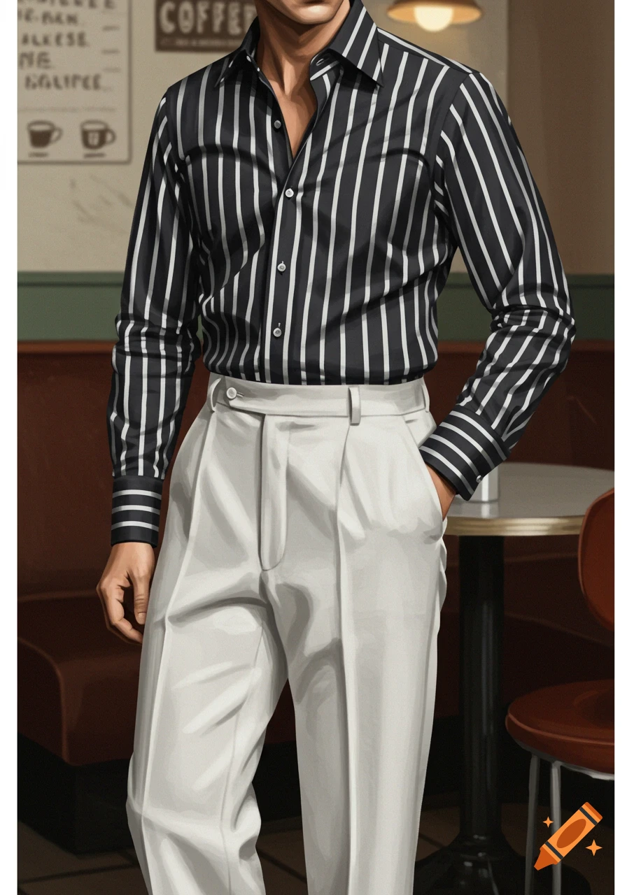 A man in a black and white striped shirt and white pants standing in a cafe. Illustrated style.