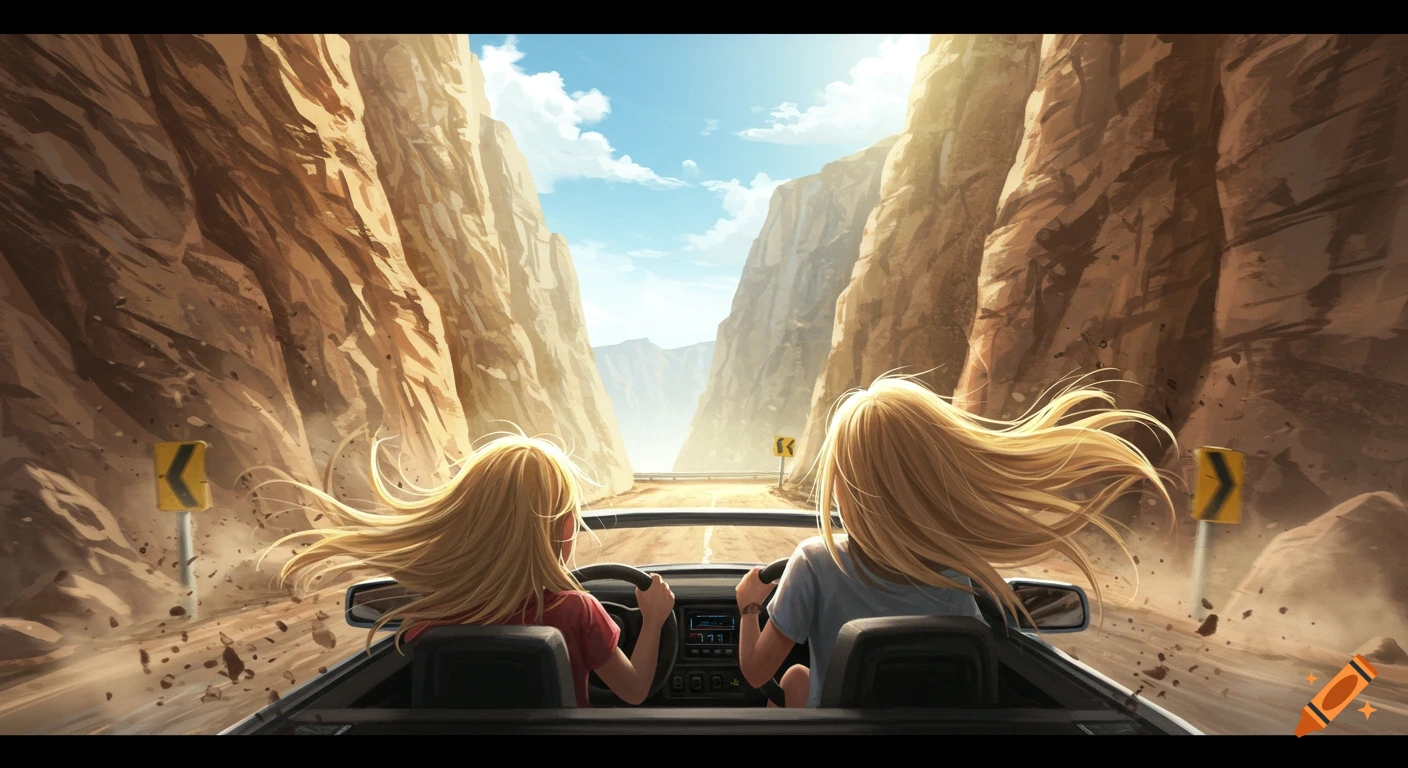 Illustrated view from behind two people driving a convertible down a road through a sunny canyon.