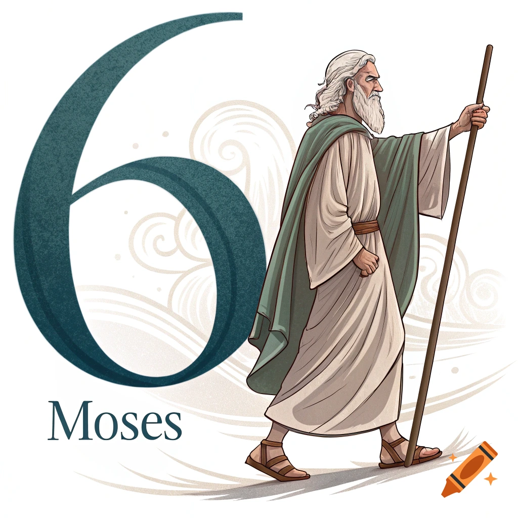 Illustration of a large number 6 next to a figure resembling Moses holding a staff.