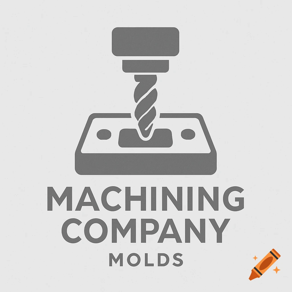 Grey minimalist logo with a drill bit and plate icon above text reading "MACHINING COMPANY MOLDS".