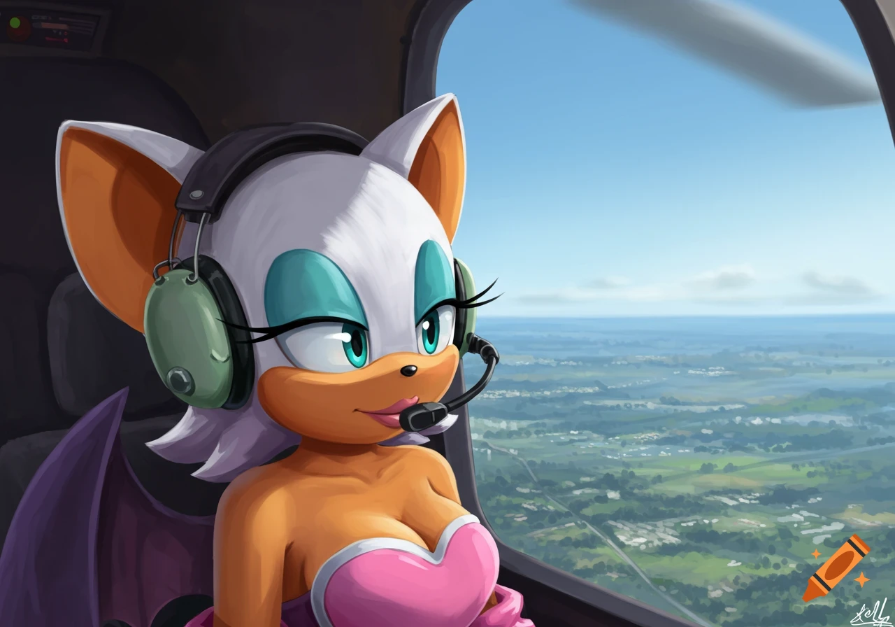 Rouge the Bat wearing an aviation headset looking out of a helicopter window at the landscape.
