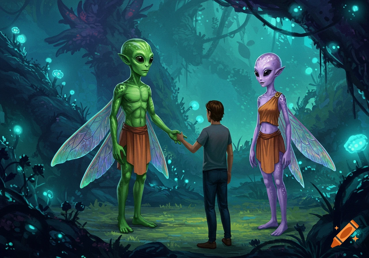 A human shakes hands with a green alien next to a purple alien in a glowing fantasy forest.
