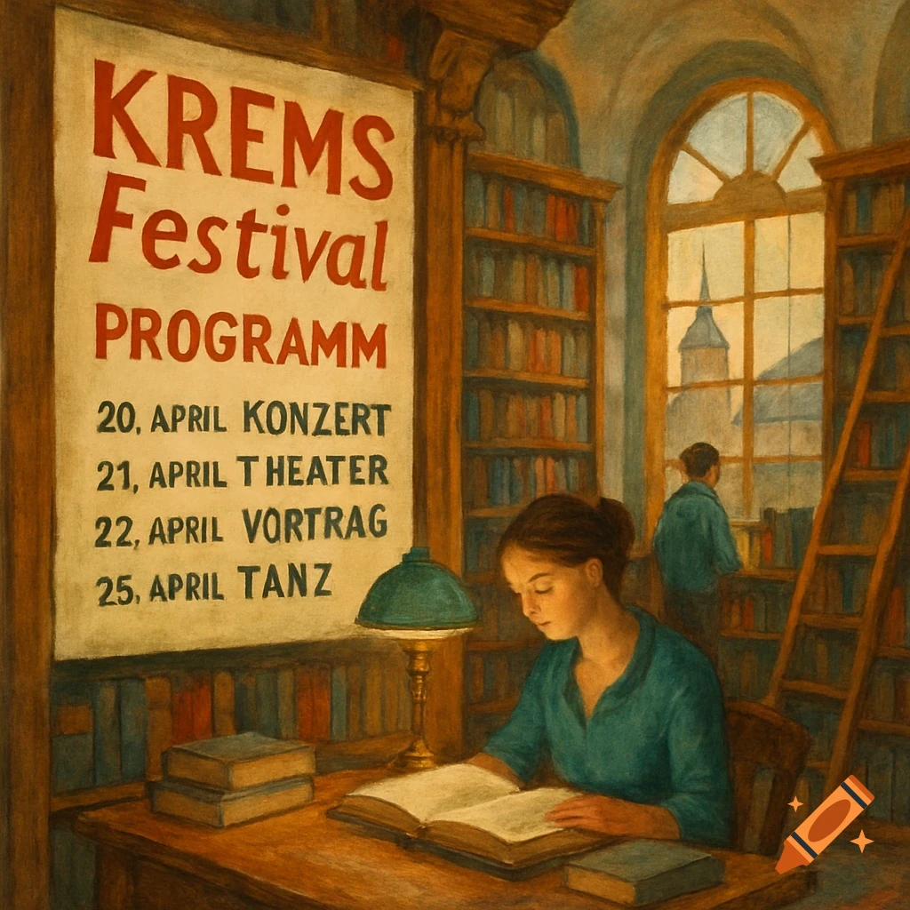 Painting of a person reading in a library with a large festival program poster