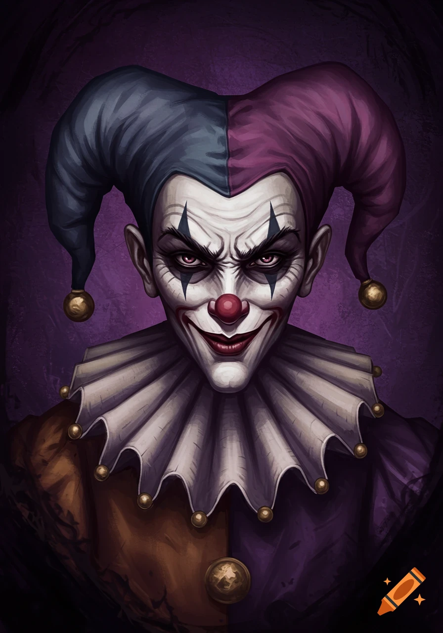 A portrait of a creepy clown with face paint, jester hat, and ruffled collar, looking menacing.