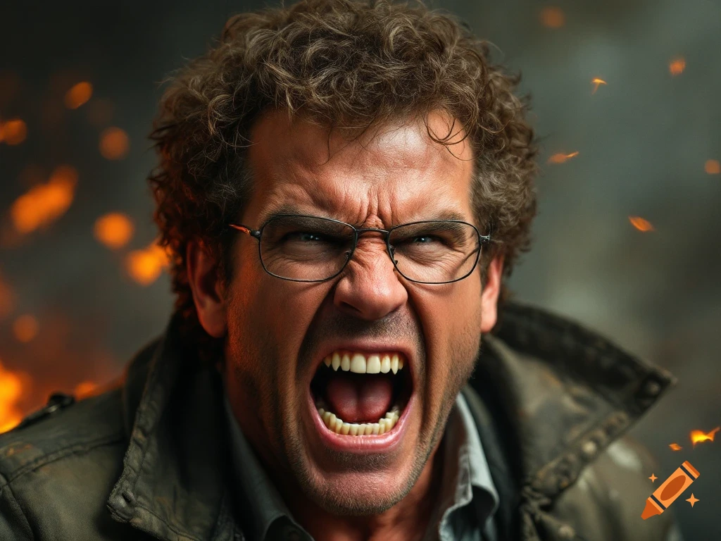Close-up portrait of a man with glasses shouting, fire in the background