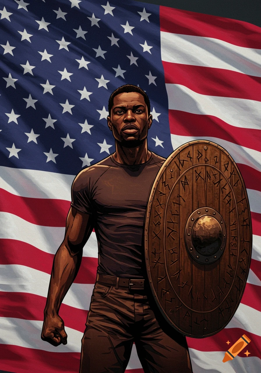 An illustration of a Black man holding a large shield in front of an American flag.