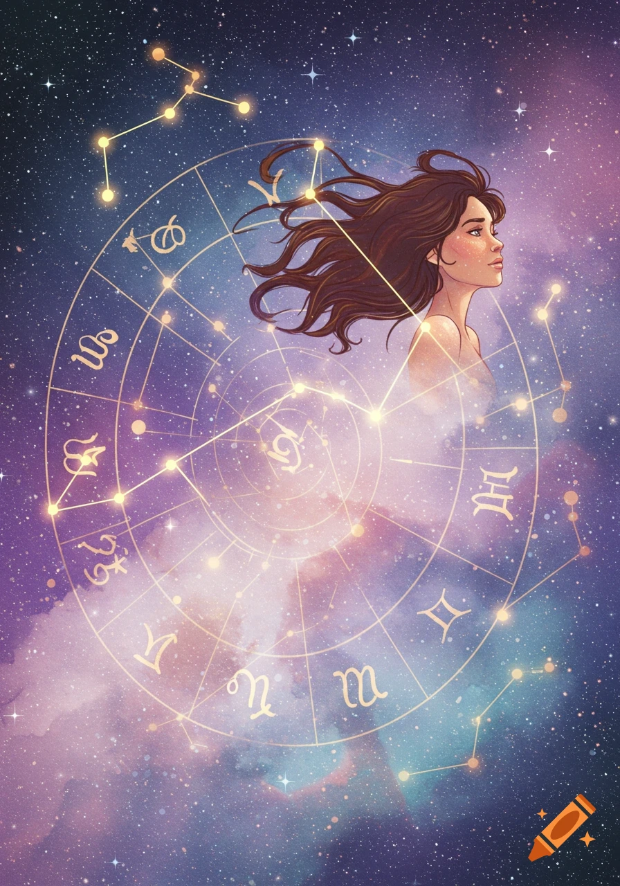 Portrait of a woman surrounded by astrological symbols, constellations, and a starry purple and pink galaxy background.