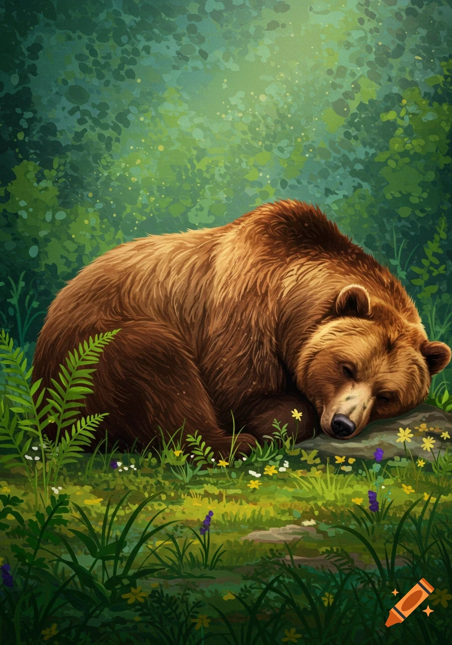 Digital painting of a brown bear sleeping curled up in a forest clearing surrounded by grass and flowers.