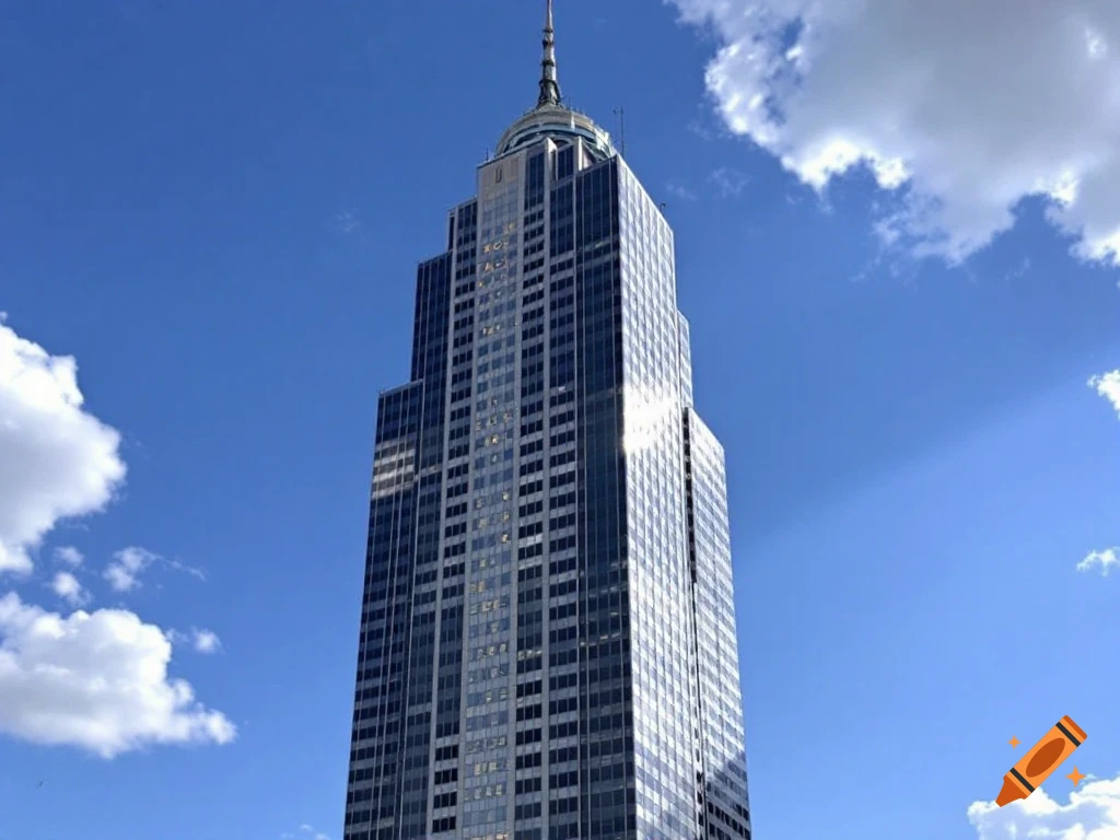 Tall skyscraper against a blue sky with clouds